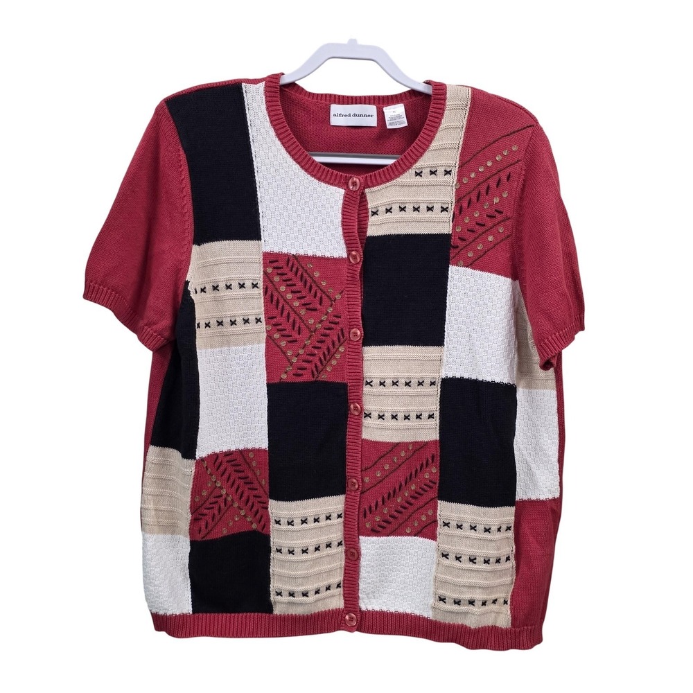 VTG Grandmacore Patchwork Cardigan Sweater Women XL Red Black Preppy Mom Knit